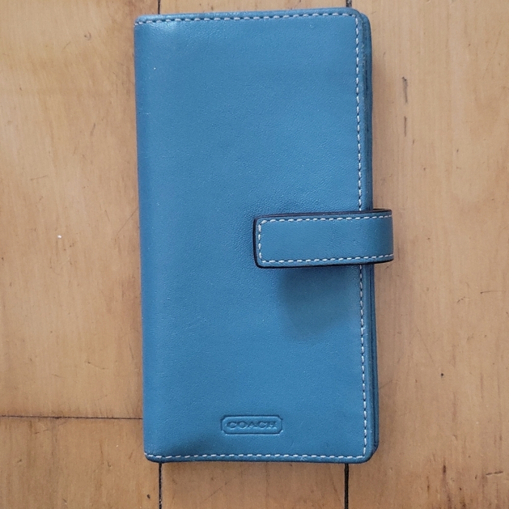 Coach credit card holder in teal blue leather.